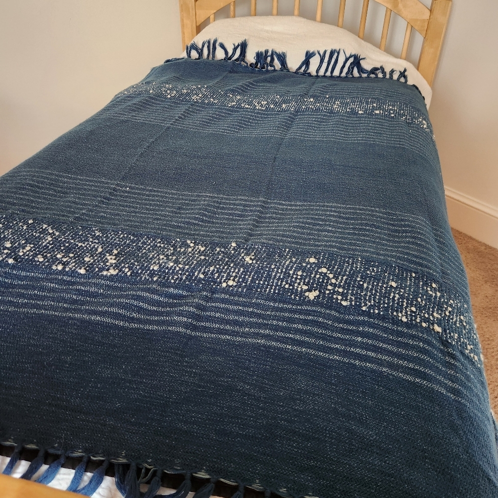 MALAGOON Blanket Throw Blue White Stripes Wool Blend Textured Fringe 59 x 50 - Picture 9 of 11